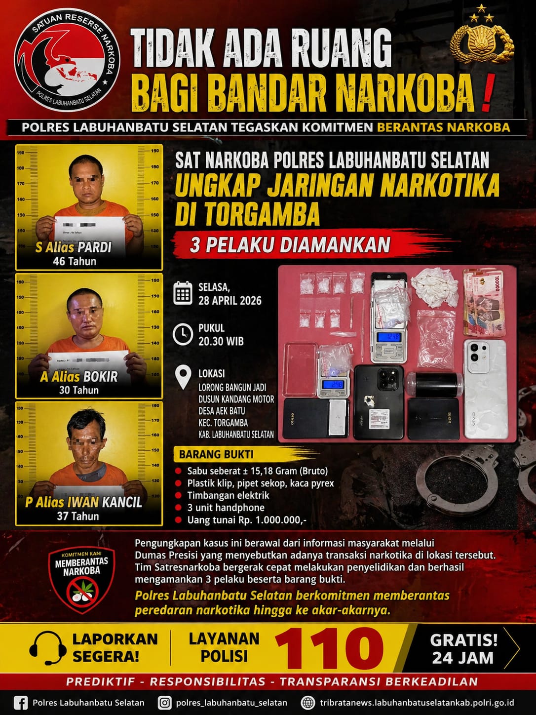 Polres Labusel tegaskan tidak ada ruang bagi bandar narkoba, Sat Narkoba Ungkap Jaringan Narkotika di Torgamba, Tiga Pelaku Diamankan