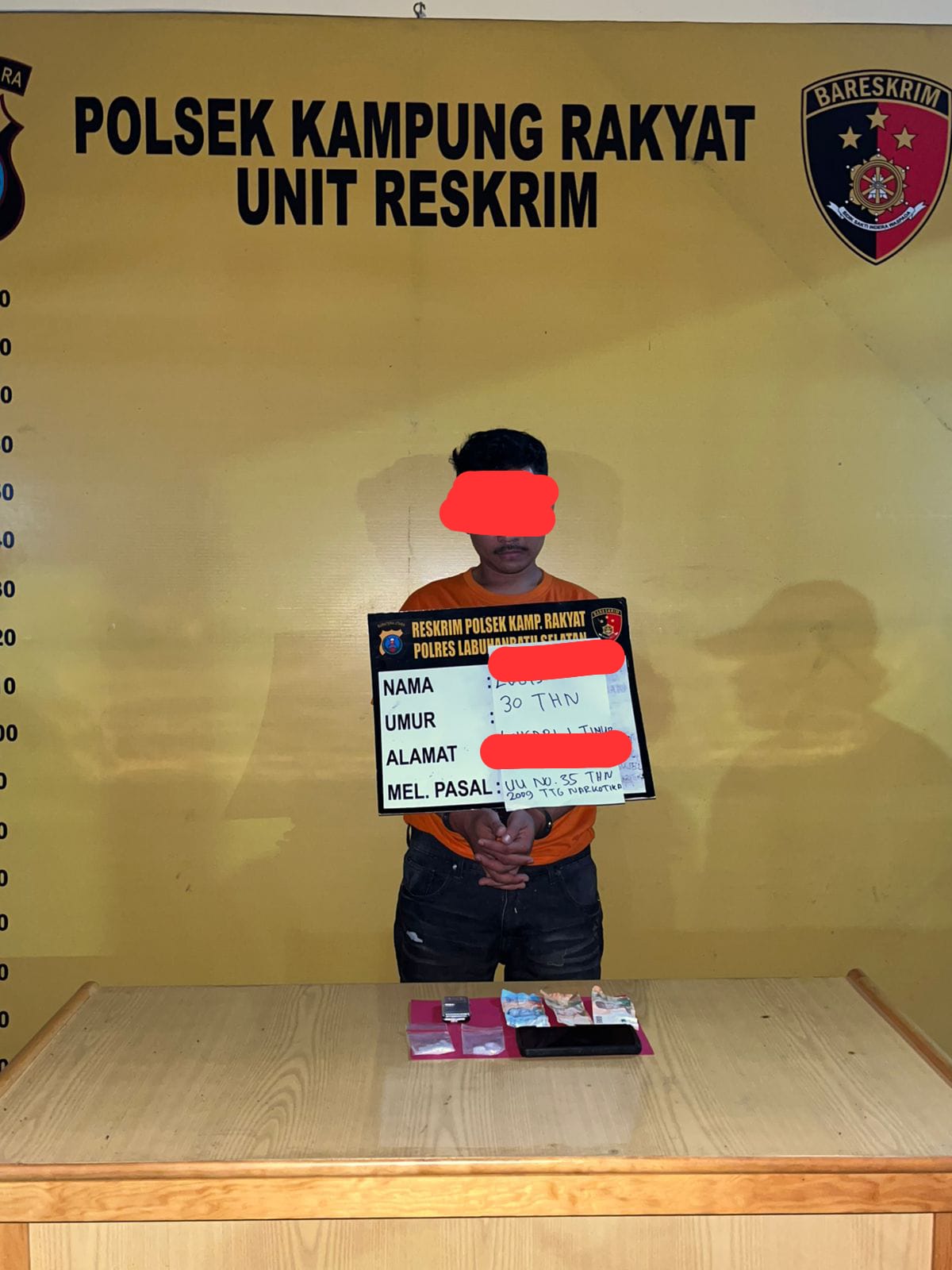 Sikat habis Narkoba…Polsek Kampung Rakyat Tangkap RAL Pengedar Sabu bersama 8,43 Gram Sabu di Perk Perlabian.
