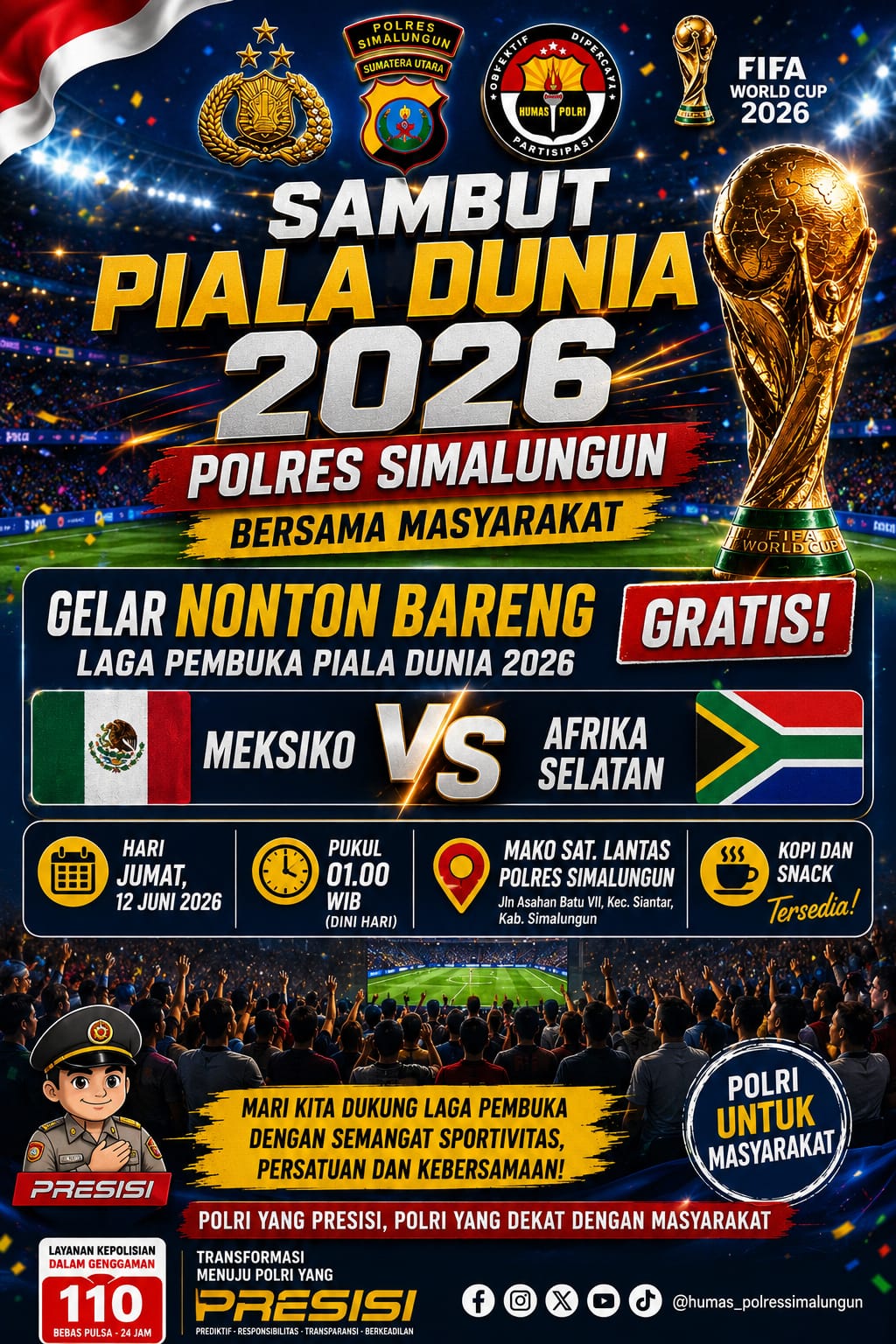 Sambut Piala Dunia 2026, Polres Simalungun Gelar Nobar Gratis Laga Pembuka Meksiko Vs Afrika Selatan.
