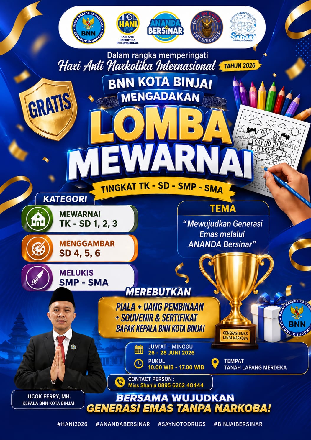 BNN Kota Binjai Gelar Lomba Mewarnai, Menggambar dan Melukis Sambut HANI 2026.
