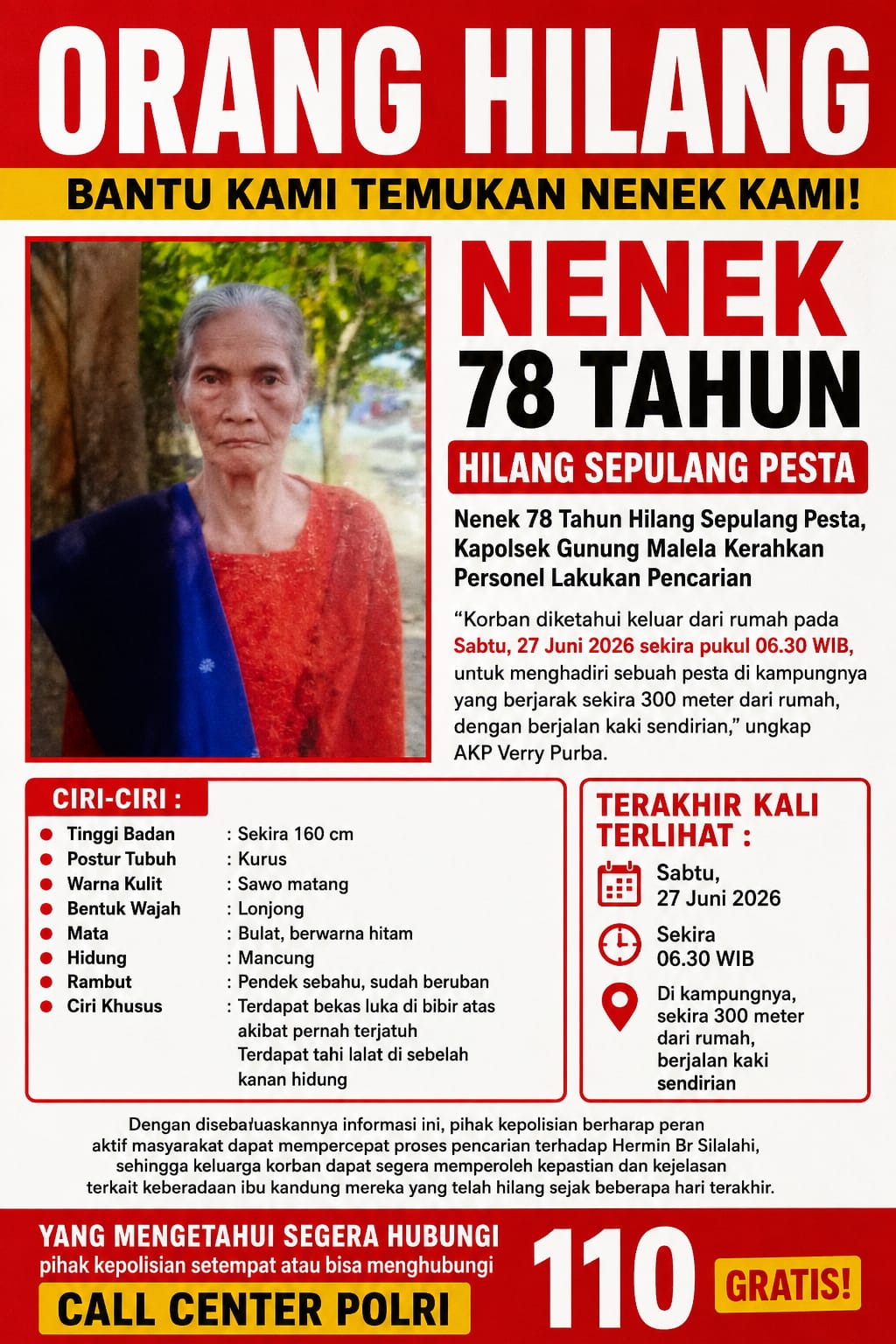 Nenek 78 Tahun Hilang Sepulang Pesta, Kapolsek Gunung Malela Kerahkan Personel Lakukan Pencarian.