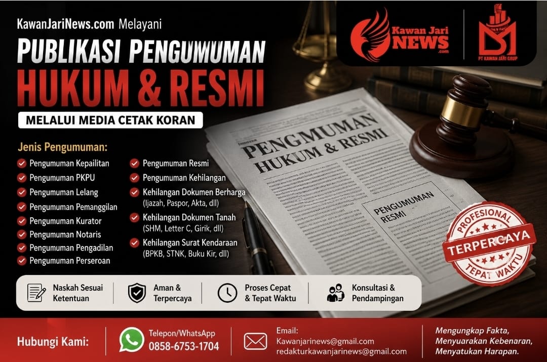 KawanJariNews.com Layani Publikasi Pengumuman Hukum dan Pengumuman Resmi Melalui Media Cetak Koran