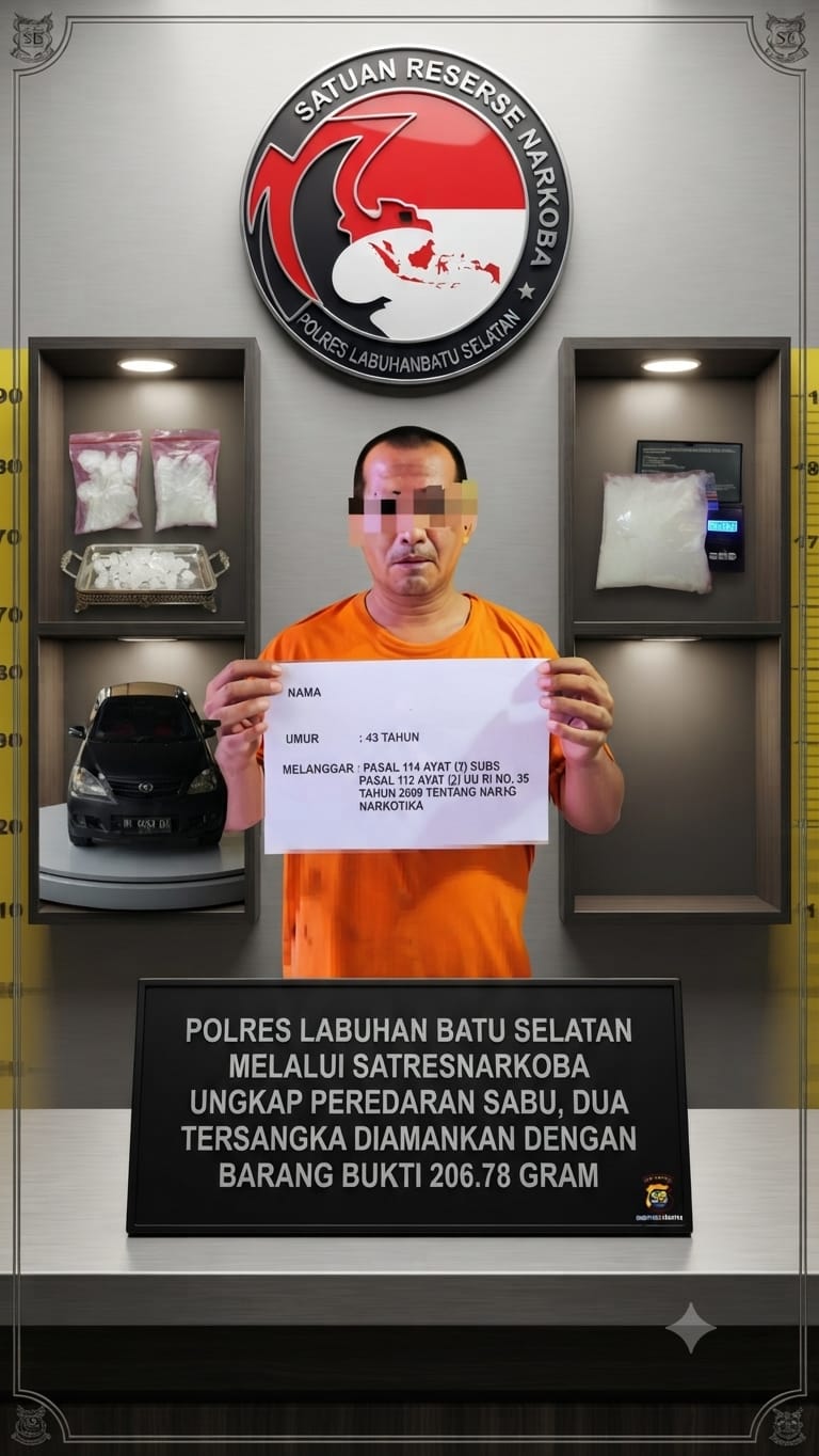 POLRES LABUHANBATU SELATAN MELALUI SAT RESNARKOBA UNGKAP PEREDARAN SABU, DUA TERSANGKA DIAMANKAN DENGAN BARANG BUKTI 206,78 GRAM.