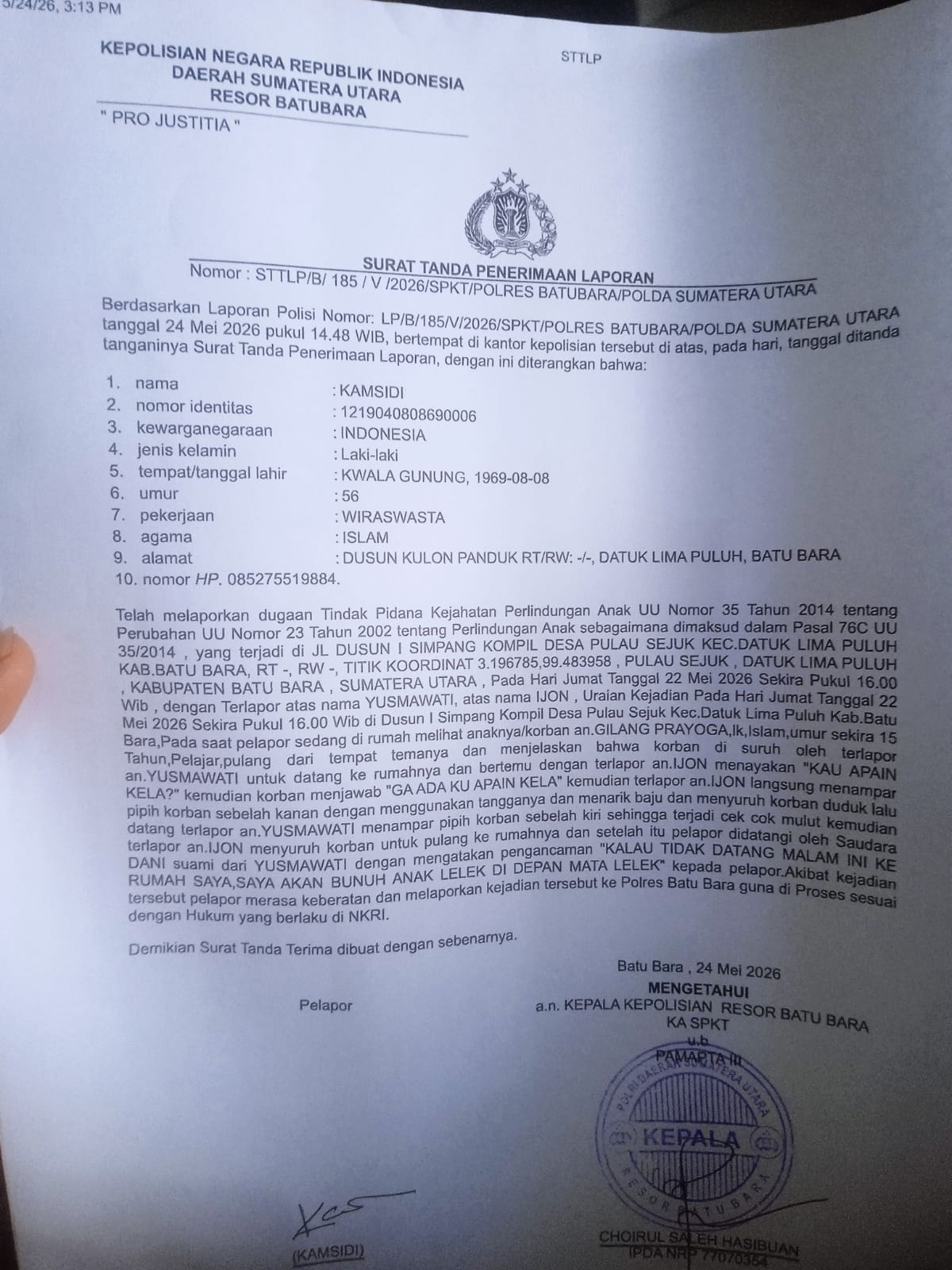 Keluarga Korban Pertanyakan Perkembangan Penanganan Dugaan Penganiayaan Anak di Polres Batu Bara.
