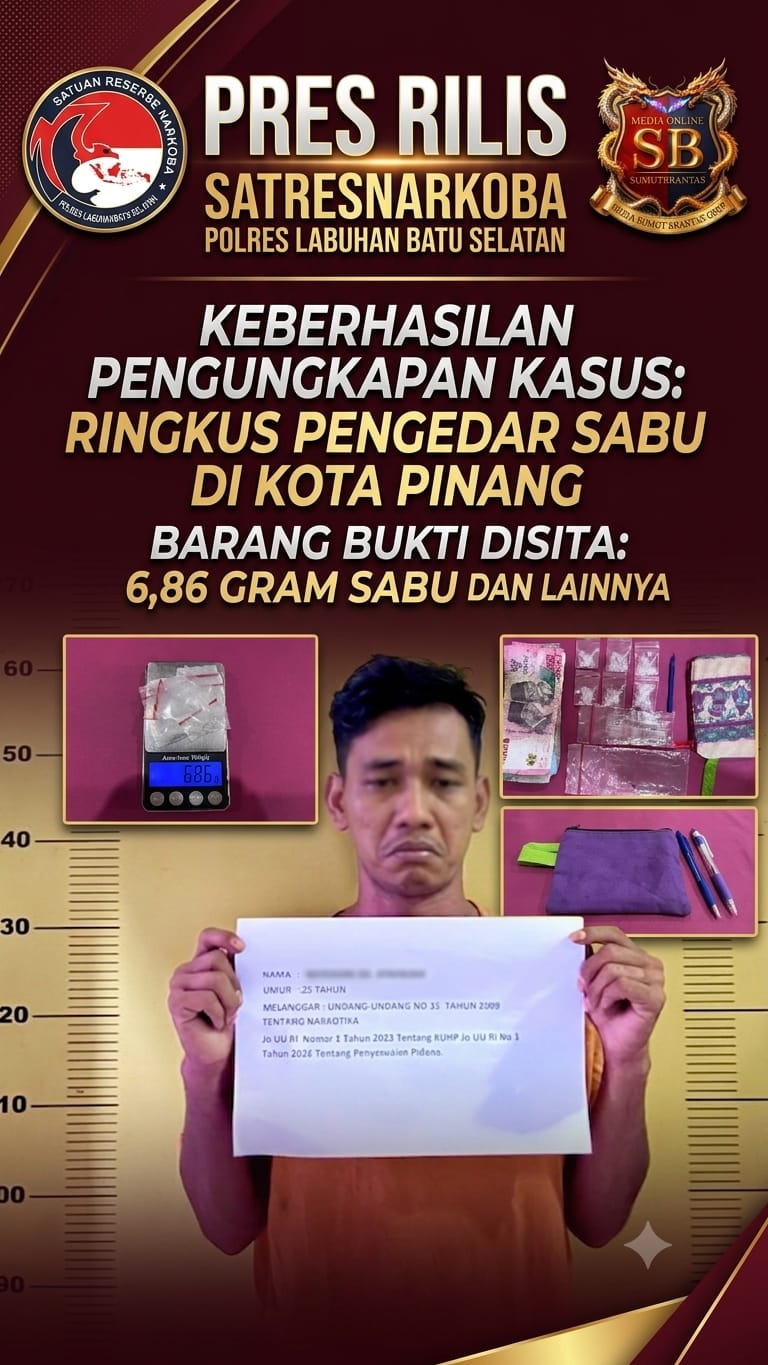 Satresnarkoba Polres Labuhanbatu Selatan Ringkus Pengedar Sabu di Kotapinang, Sita 6,86 Gram Sabu.
