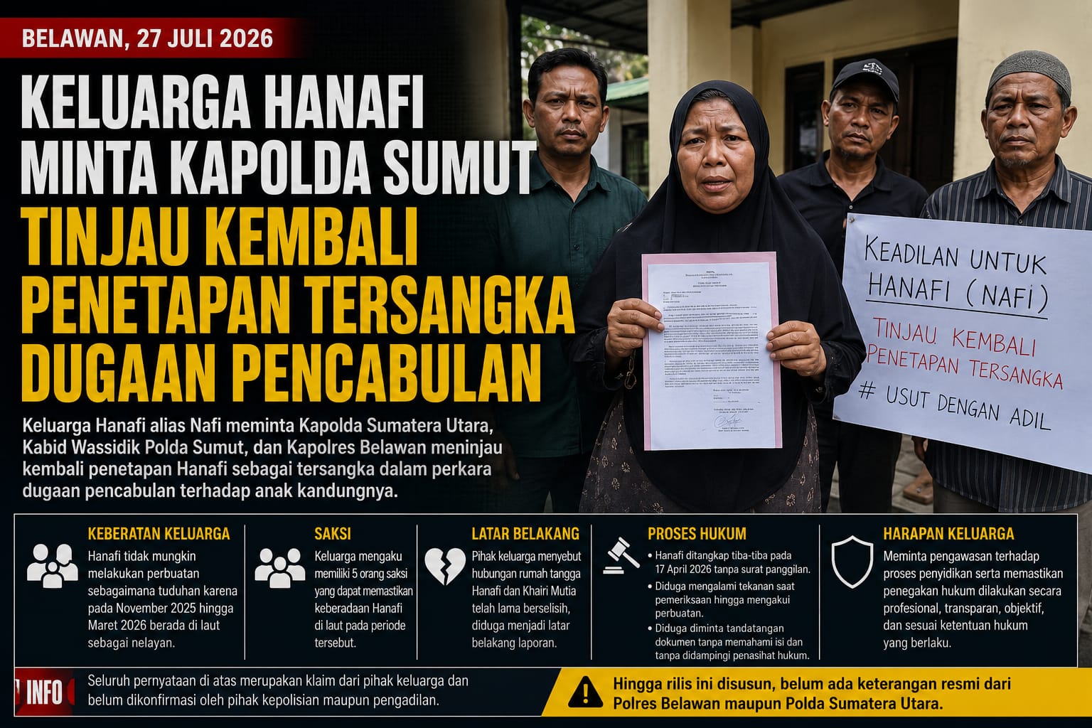 Keluarga Hanafi Minta Kapolda Sunut Tinjau Kembali Penetapan Tersangka Dugaan Pencabulan.