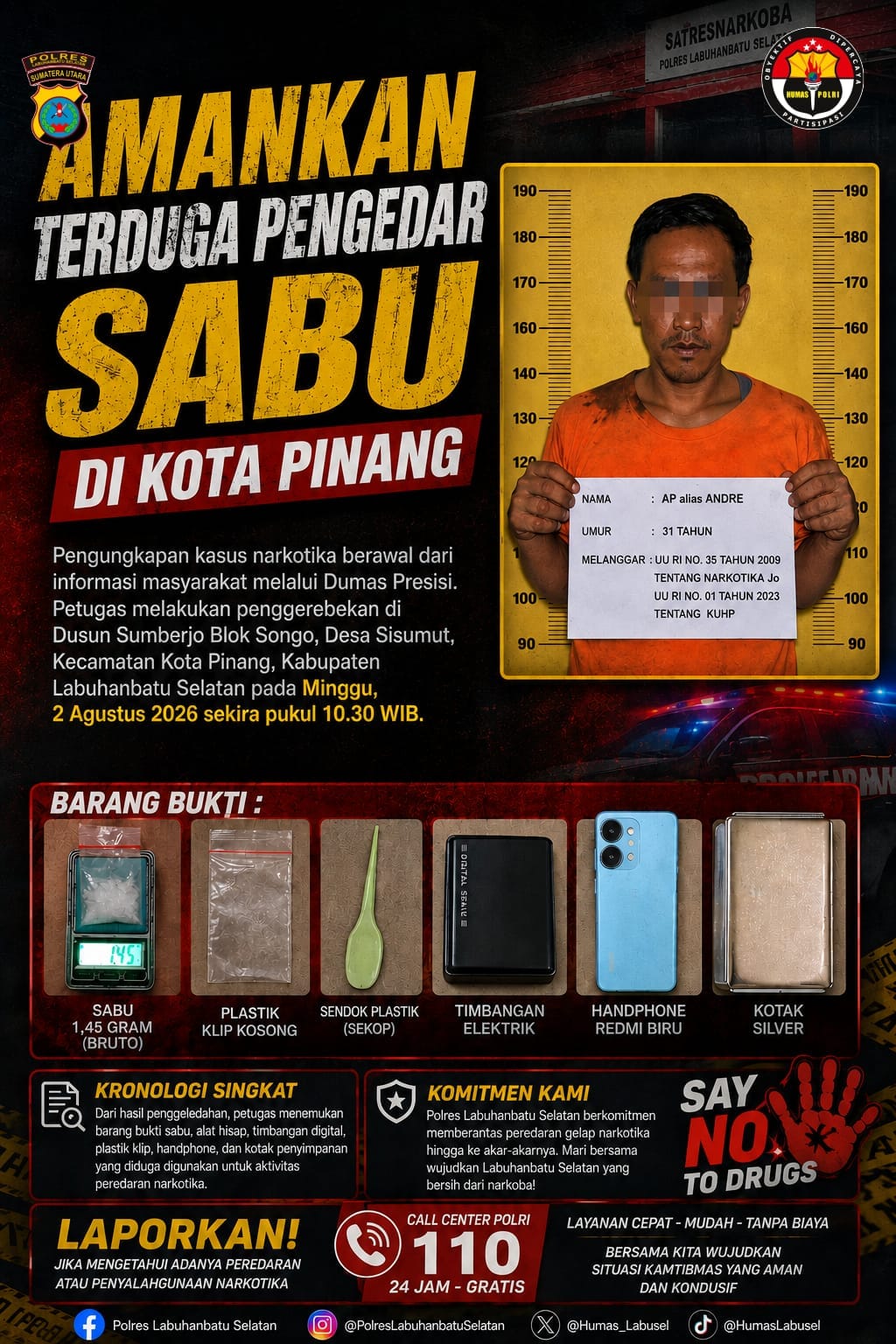 Satresnarkoba Polres Labuhanbatu Selatan Amankan Terduga Pengedar Sabu di Kota Pinang.