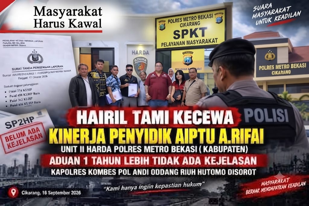 (Hairil Tami Kecewa Kinerja Penyidik A.RIFAI Unit II HARDA Polres Metro Bekasi (Kabupaten), aduan 1 tahun lebih tidak ada kejelasan. Kapolres KombesPol Andi Oddang Riuh Hutomo disorot.