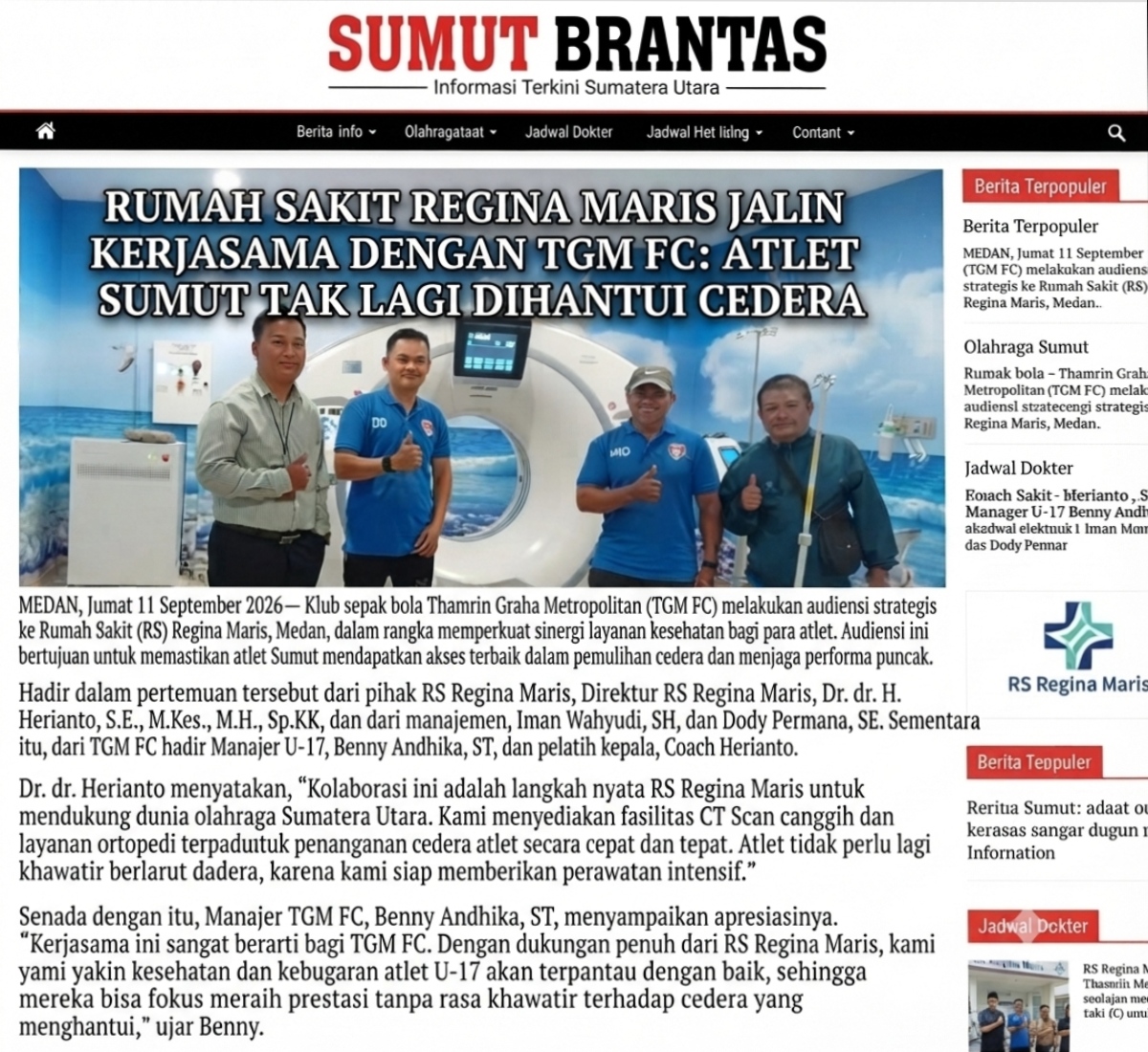 ​RUMAH SAKIT REGINA MARIS JALIN KERJASAMA DENGAN TGM FC: ATLET SUMUT TAK LAGI DIHANTUI CEDERA