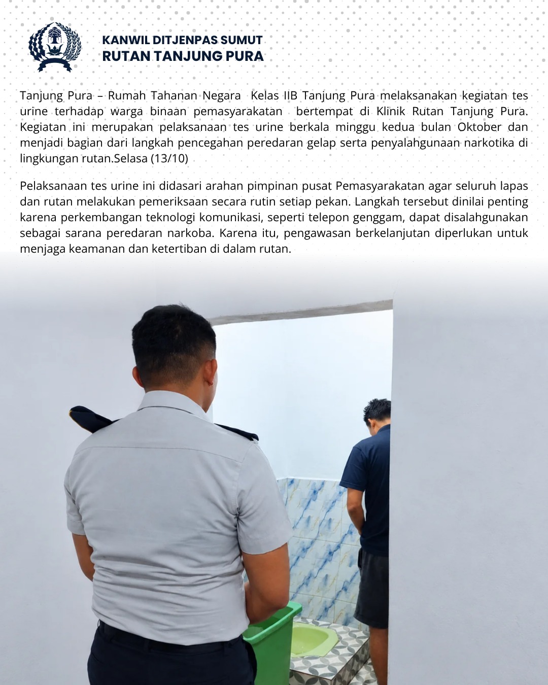 Rutan Tanjung Pura Kembali Gelar Tes Urine Berkala bagi Warga Binaan Seluruh Peserta Dinyatakan Negatif Narkotika.