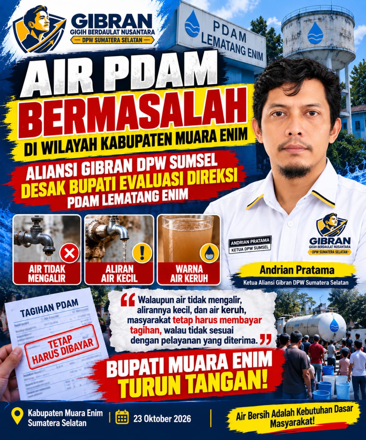 DPW ALIANSI GIBRAN (GIGIH BERDAULAT NUSANTARA) Sumatera Selatan Soroti Krisis Air Bersih di Tanjung Enim, Minta PDAM dan Pemda Berikan Solusi Nyata.